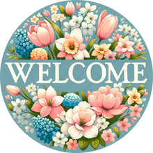 Load image into Gallery viewer, Welcome Spring Bouquet of Flowers Wreath Sign-Round-Sublimation-Spring-Decor
