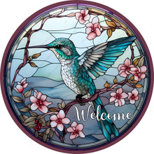 Load image into Gallery viewer, Welcome Spring Teal Hummingbird Pink Flowers Wreath Sign-Round-Sublimation-Spring-Decor
