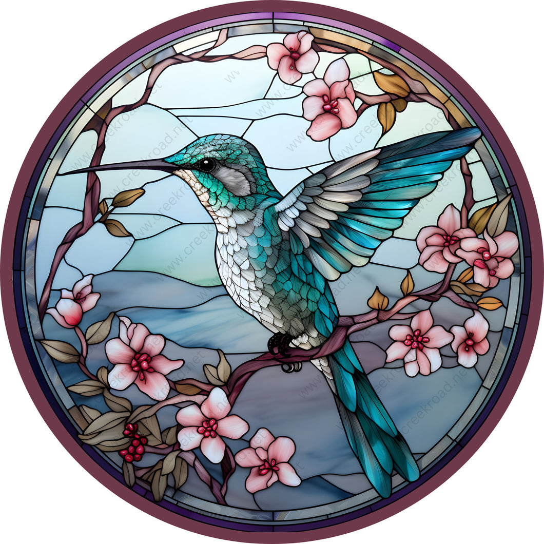 Spring Teal Hummingbird Pink Flowers Wreath Sign-Round-Sublimation-Decor-attachment