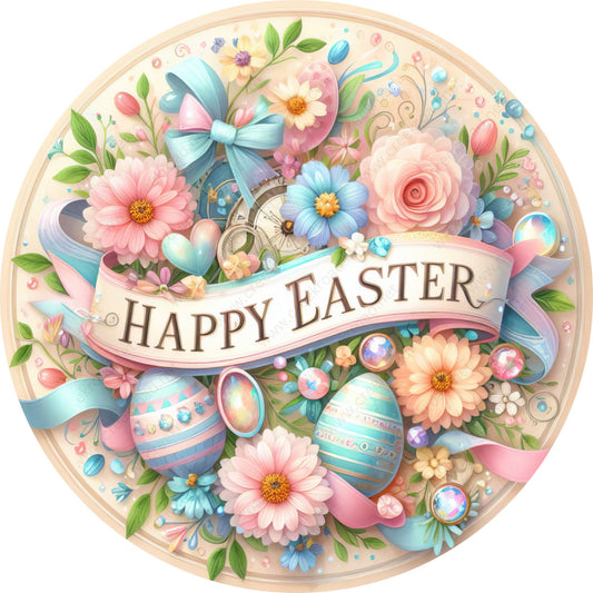 Happy Easter Pastel Floral Egg Wreath Sign-Sublimation-Easter-Attachment-Decor-Easter