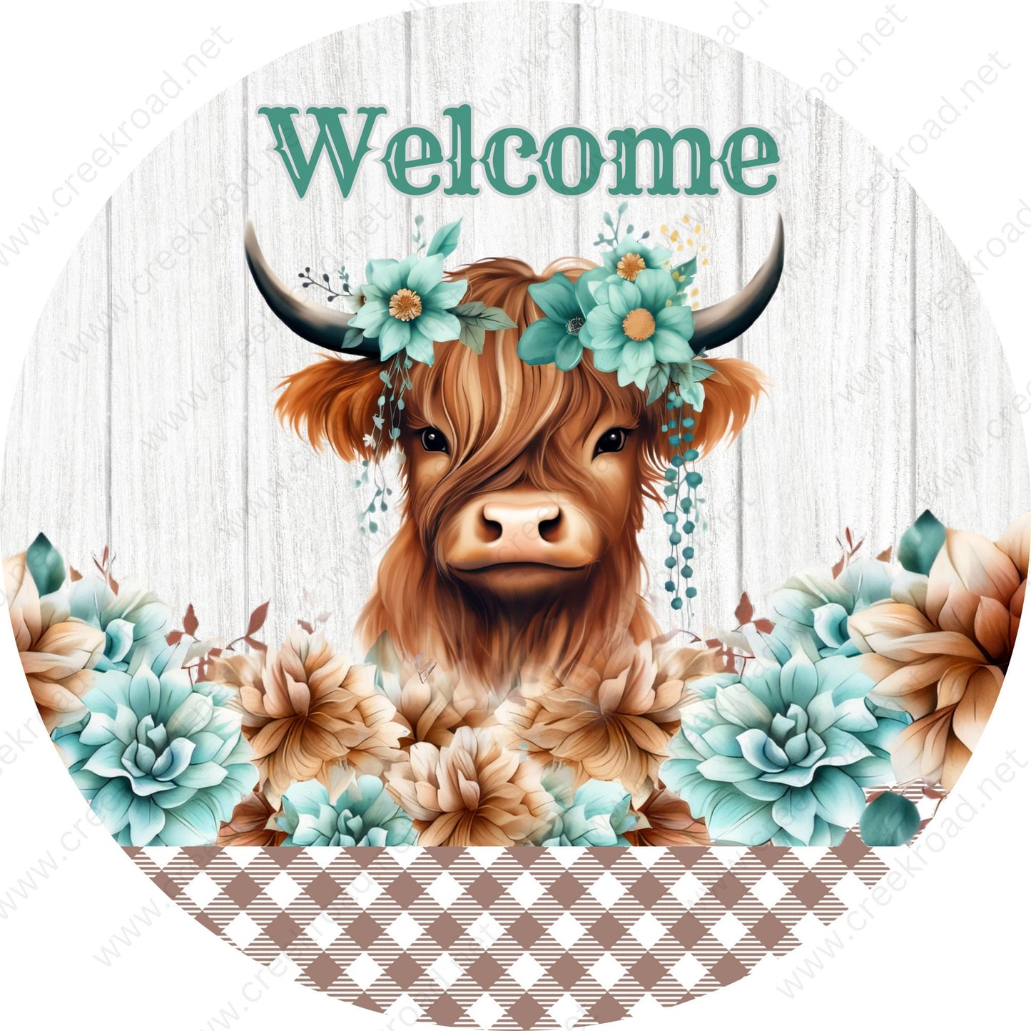 Welcome Highland Cow Brown Checkered Wreath Sign-Sublimation-Spring-Farm-Attachment-Decor