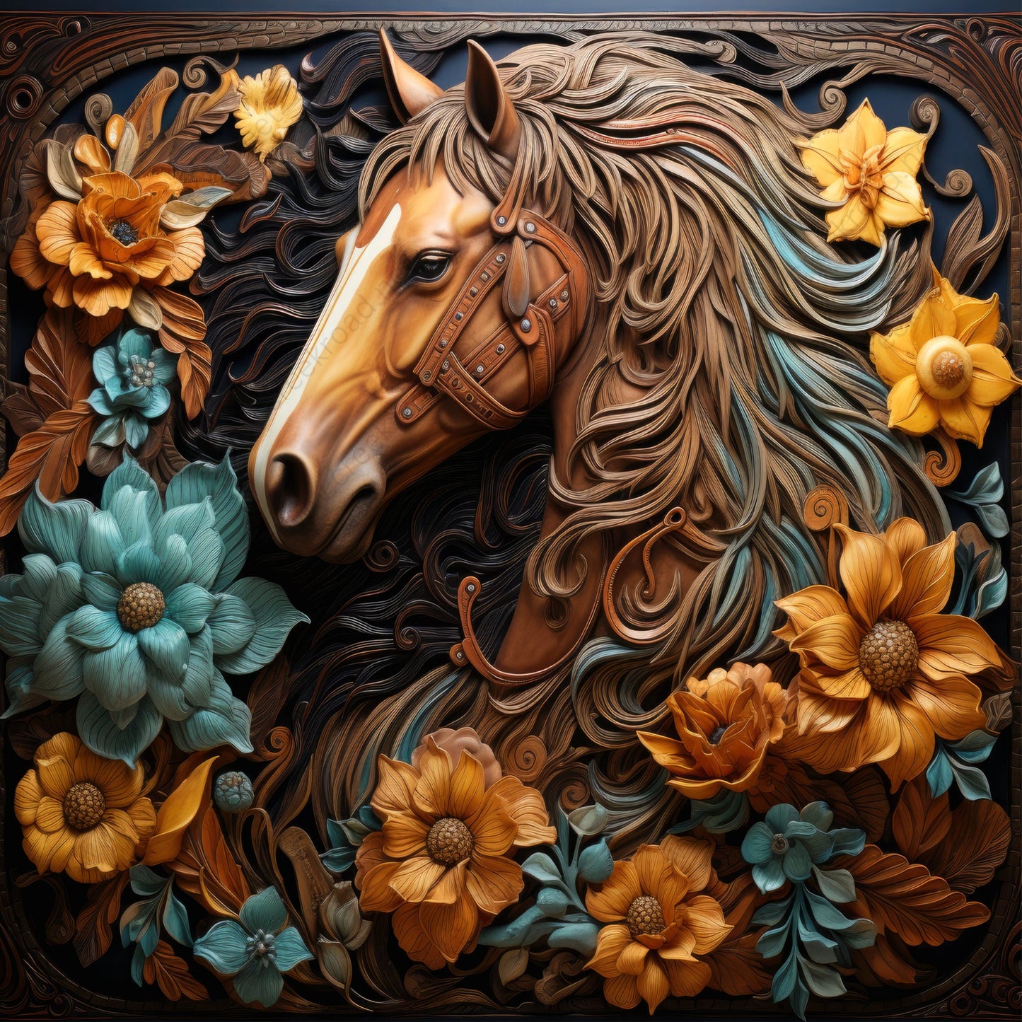 Western Horse Teal Tan Yellow Flowers Tooled Leather Appearance Wreath Sign-10" x 10" Square-Sublimation-Round-Summer-Decor