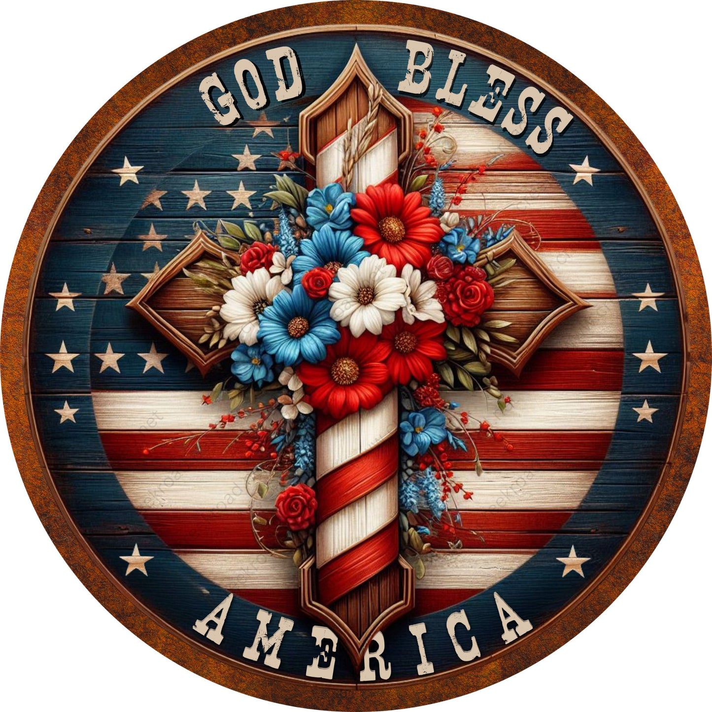 God Bless America Patriotic Flowers on Cross Wreath Sign-Round-Spring-Sublimation-Aluminum-Attachment-Decor