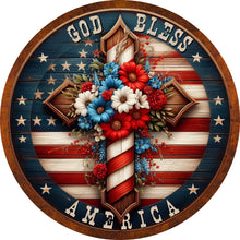 Load image into Gallery viewer, God Bless America Patriotic Flowers on Cross Wreath Sign-Round-Spring-Sublimation-Aluminum-Attachment-Decor
