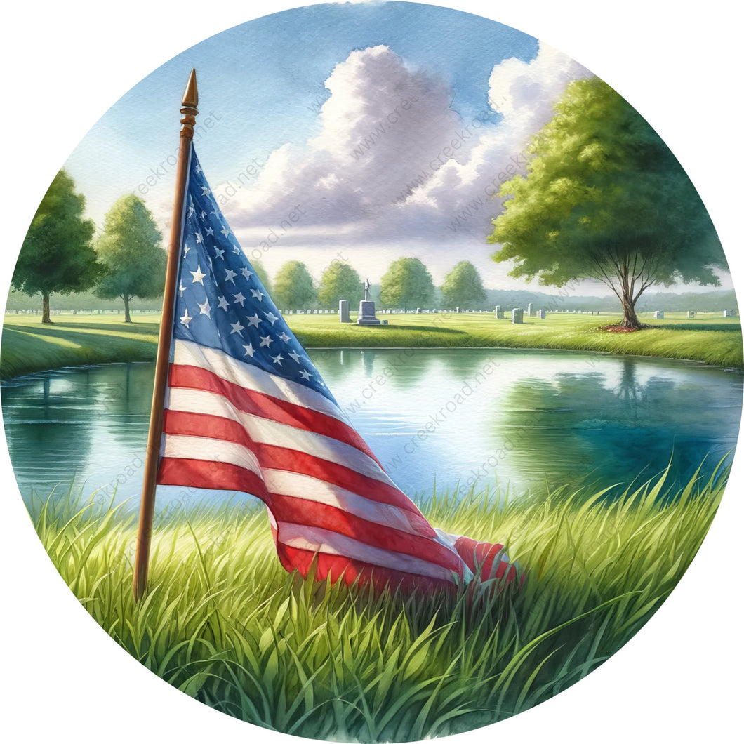 Memorial American Flag at Cemetery Wreath Sign-Round-Spring-Sublimation-Aluminum-Attachment-Decor