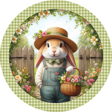 Load image into Gallery viewer, Gardening Spring Rabbit Basket Flowers Green Checkered Wreath Sign-Sublimation-Spring-Easter-Attachment-Decor
