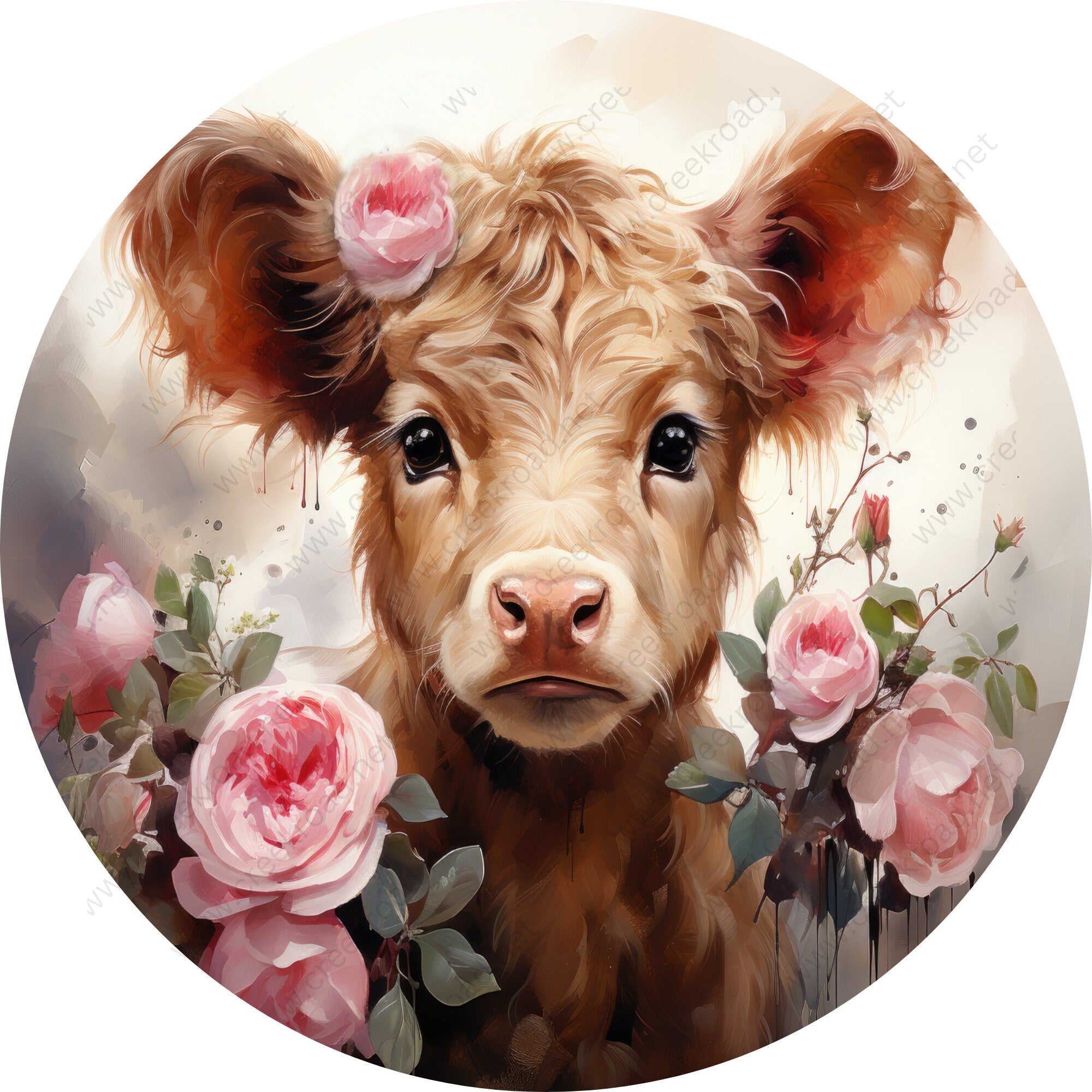 Cow Wearing Roses Baby Highland Cow Pink Roses Wreath Sign-Aluminum-Valentines-Decor ...