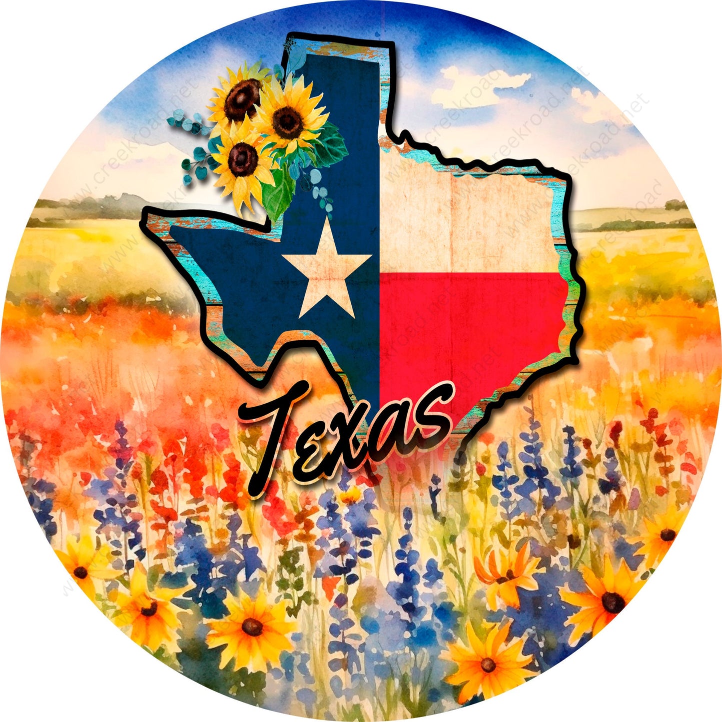 Great State Of Texas Bluebonnet Field Wreath Sign-Round-Sublimation-Spring-Decor