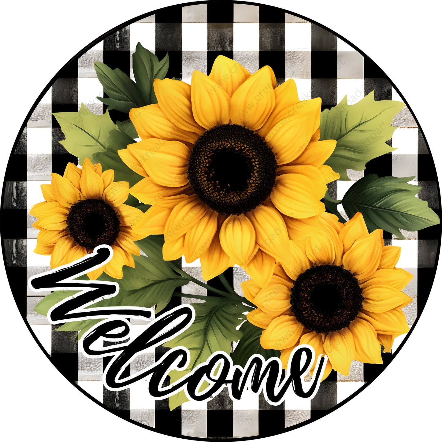 Welcome Sunflower With Black White Checkered Background Wreath Sign-Round-Sublimation-Spring-Decor