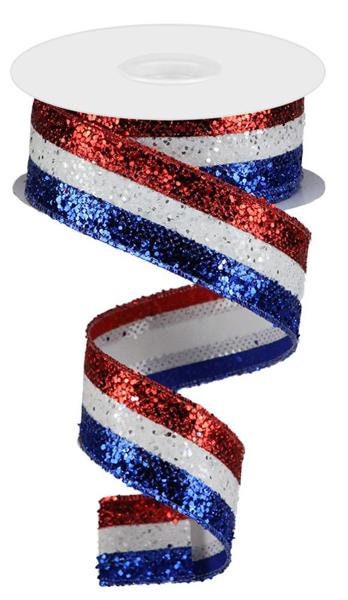 1.5" X 10Yd Wired Ribbon-3-In-1 Large Glitter-RG08013A1-Red/White/Royal Blue-Supplies-Crafts-Seasonal-Patriotic