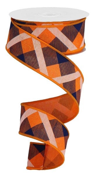 1.5" X 10Yd Wired Ribbon-Printed Plaid On Royal-RG01682CF-Orange/Navy Blue/White-Supplies-Crafts-Seasonal