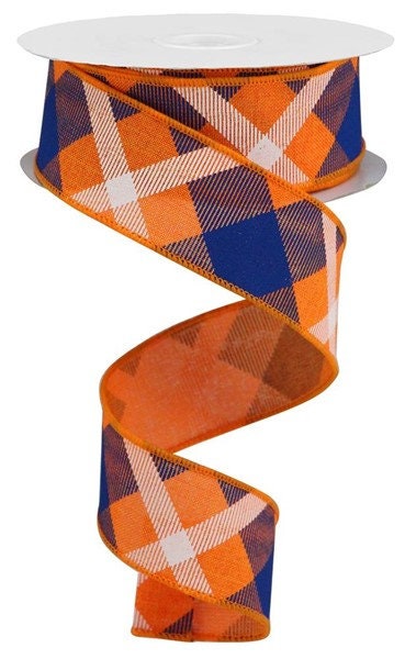 1.5" X 10Yd Wired Ribbon-Printed Plaid On Royal-RG01682MT-Orange/Royal Blue/White-Supplies-Crafts-Seasonal