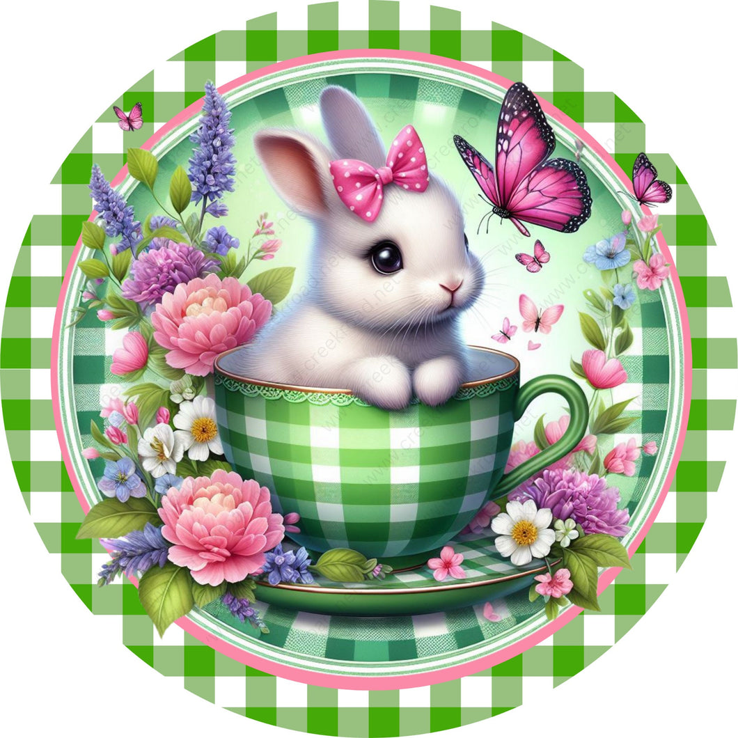 Easter Bunny In Teacup Hot Pink Butterfly Wreath Sign-Sublimation-Easter-Attachment-Decor-Easter