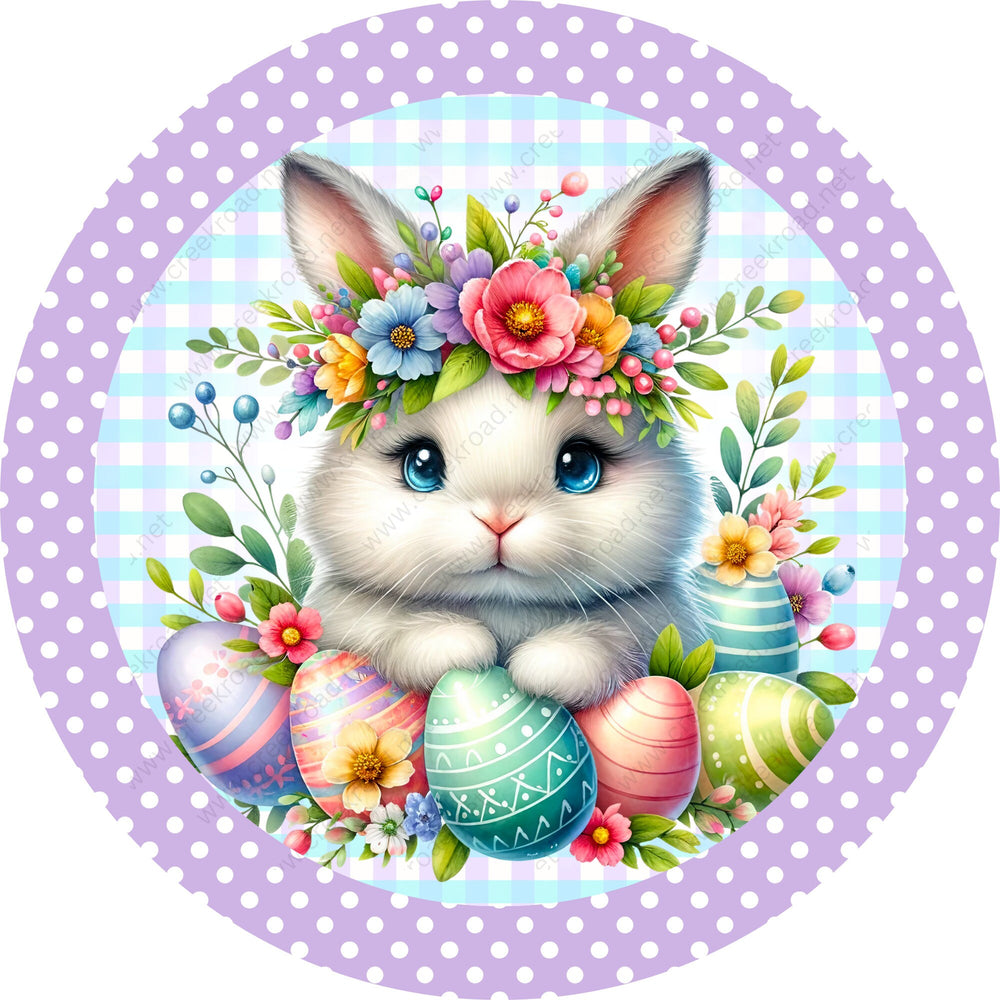Easter Bunny Floral Crown Lavender White Polka Dot Border Wreath Sign-Sublimation-Attachment-Decor