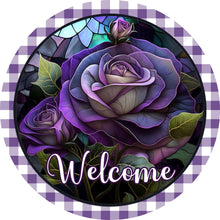 Load image into Gallery viewer, Welcome Purple Rose Checkered Border Wreath Sign-Round-Sublimation-Spring-Decor
