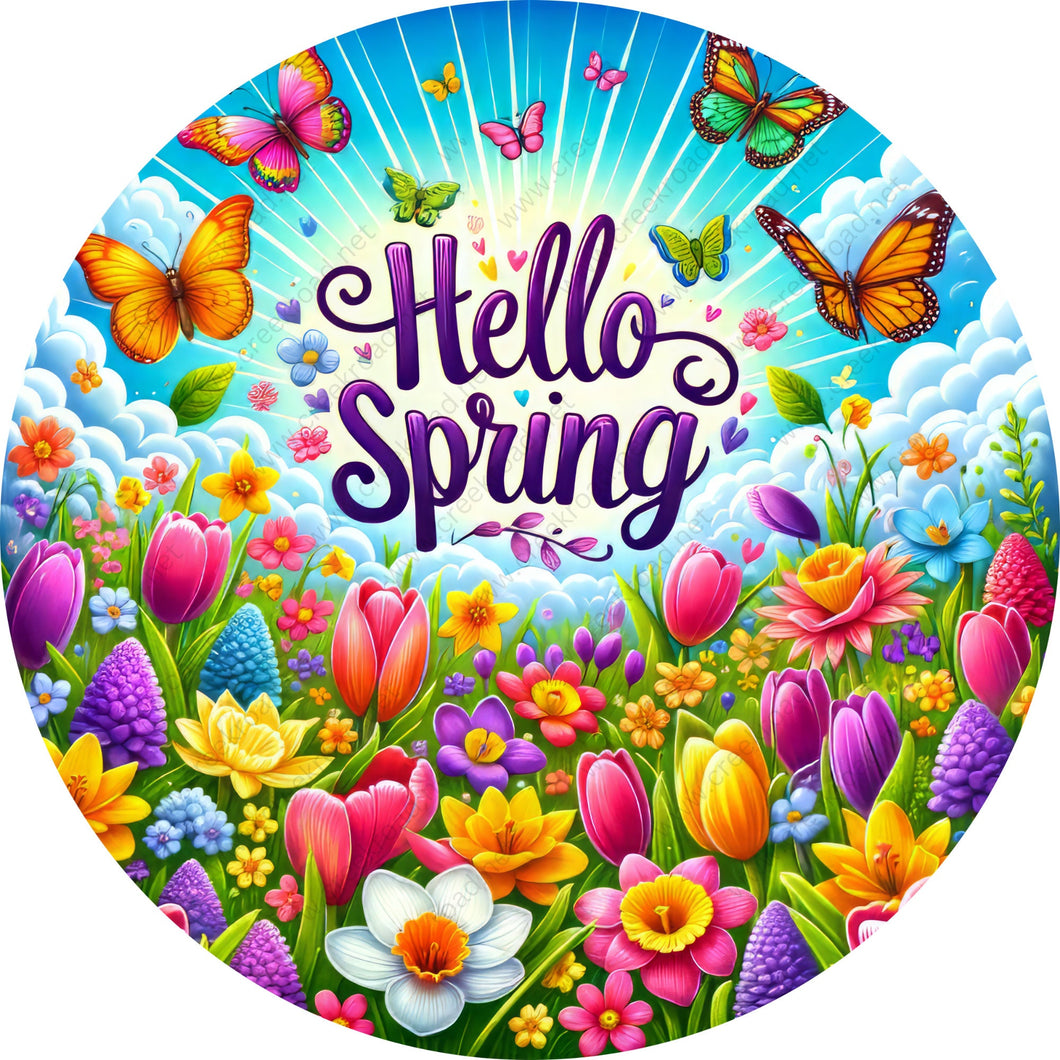 Hello Spring Flowers Butterflies Wreath Sign-Round-Sublimation-Spring-Decor