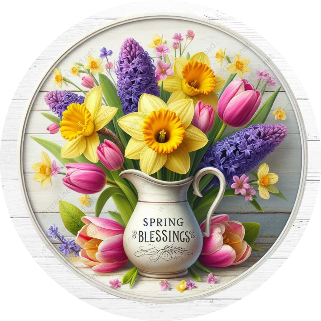 Spring Blessings Flower Pitcher Wreath Sign-Round-Sublimation-Spring-Decor