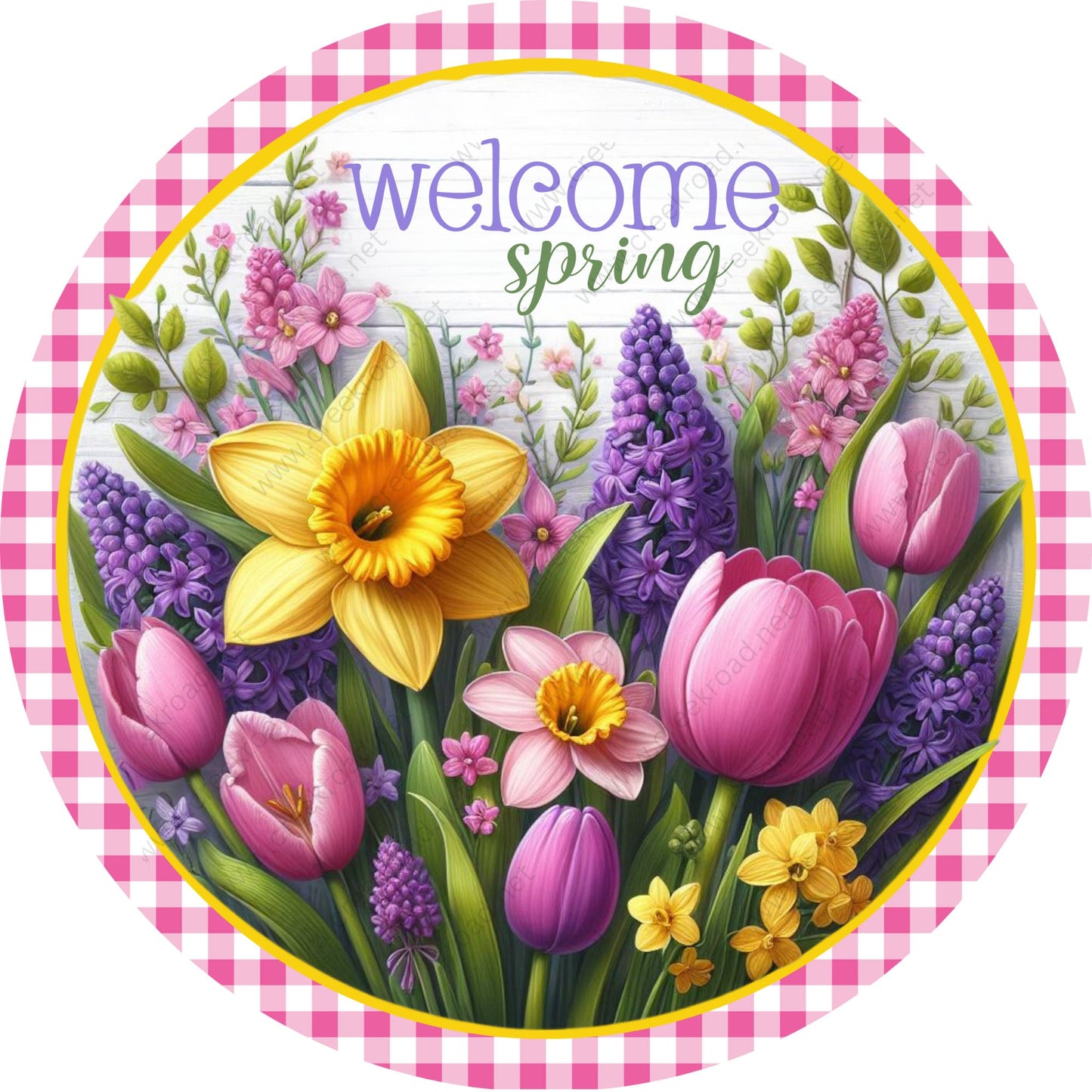 Welcome Spring Flowers Pink White Check Border Wreath Sign-Round-Sublimation-Spring-Decor