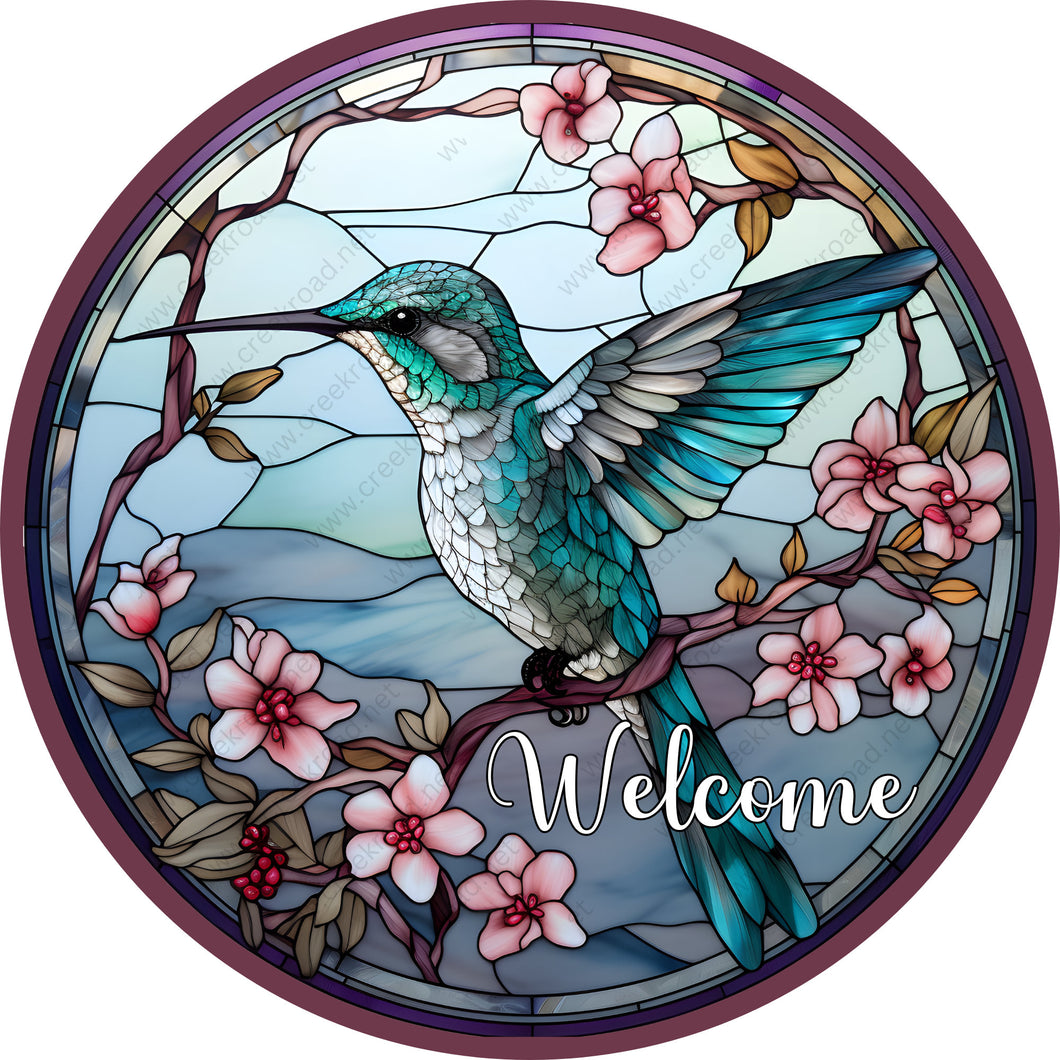 Welcome Spring Teal Hummingbird Pink Flowers Wreath Sign-Round-Sublimation-Spring-Decor