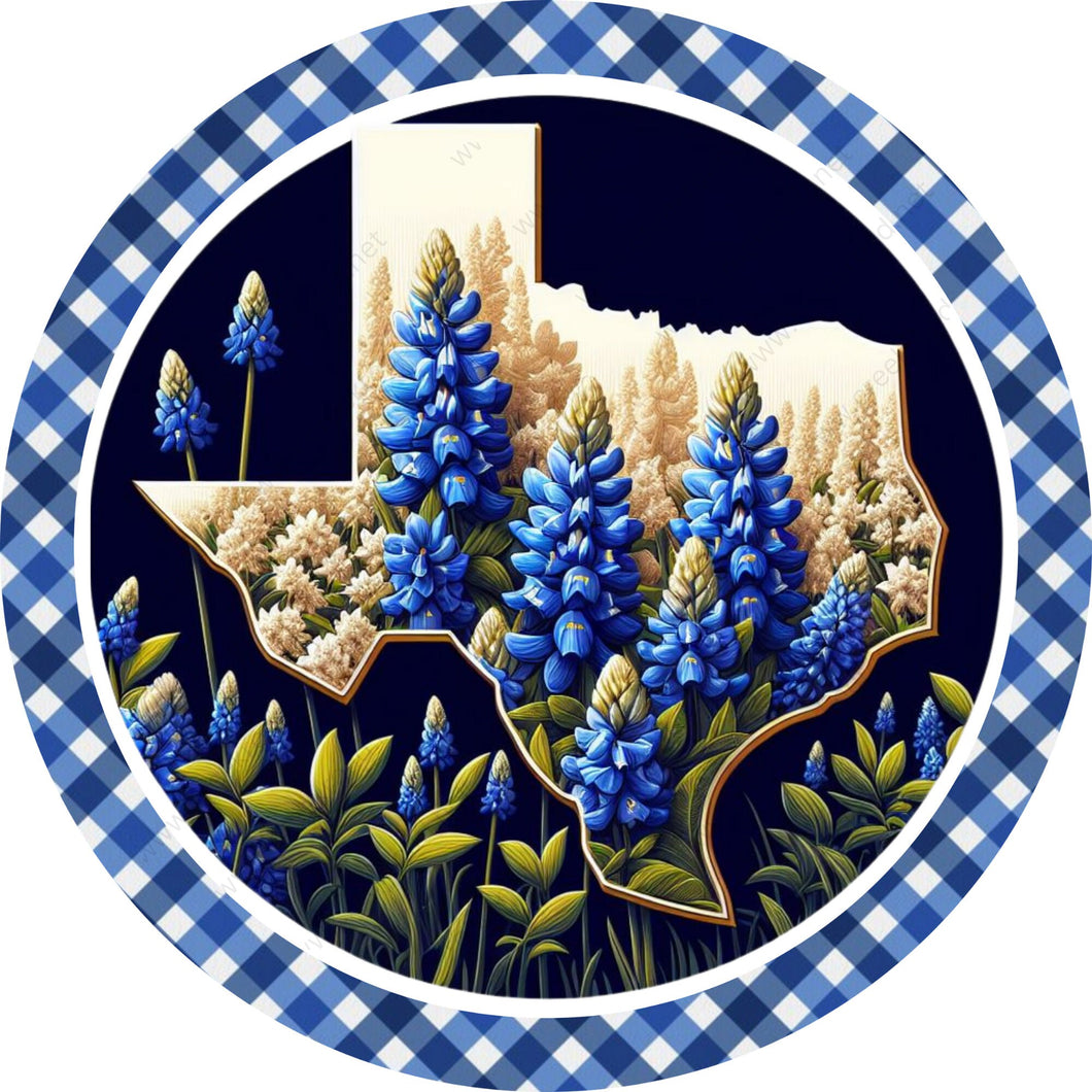 State of Texas Bluebonnet Blue White Checkered Border Wreath Sign-Round-Sublimation-Decor-attachment