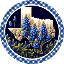 Load image into Gallery viewer, State of Texas Bluebonnet Blue White Checkered Border Wreath Sign-Round-Sublimation-Decor-attachment
