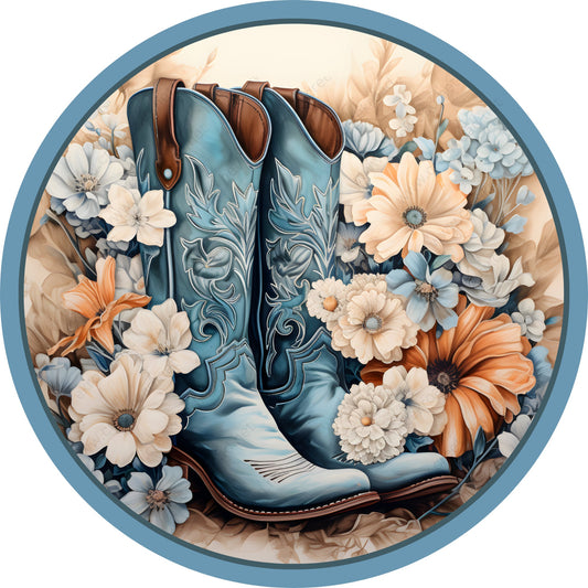 Denim Color Cowgirl Boots with Florals Wreath Sign-Sublimation-Round-Summer-Decor