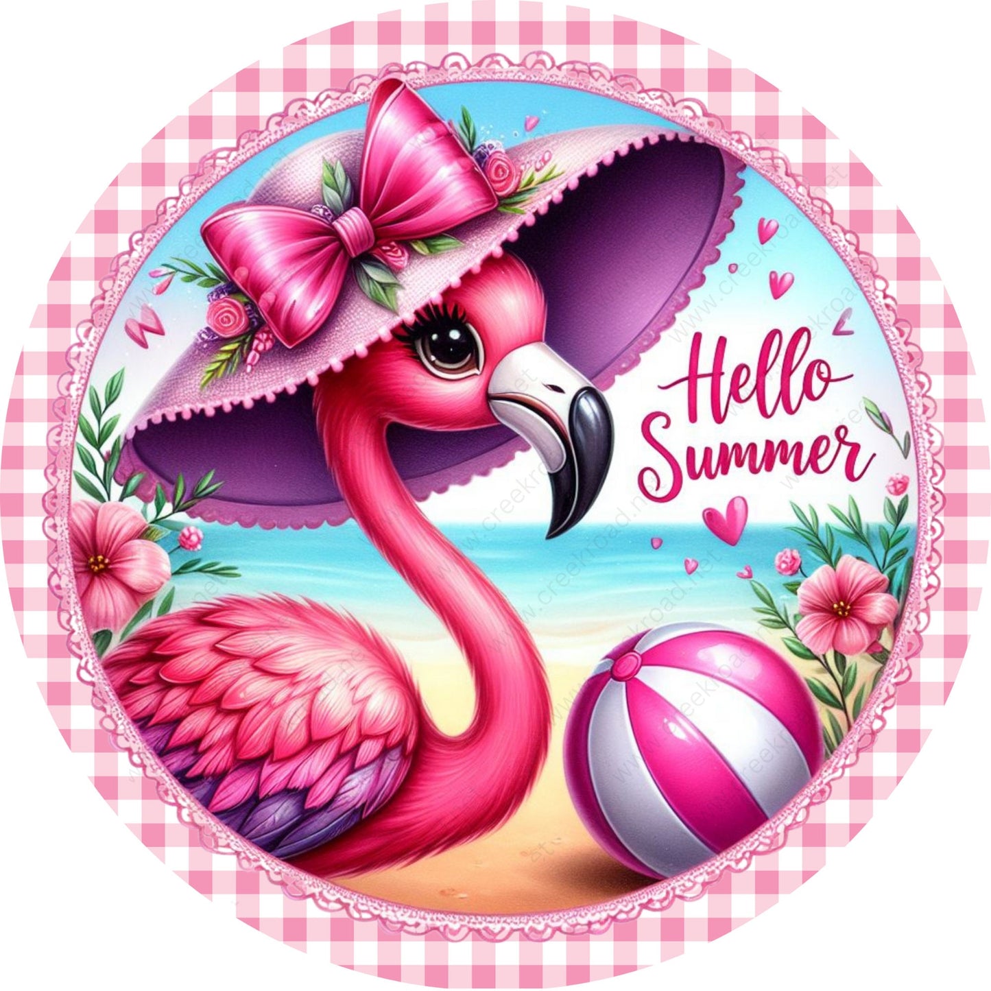 Hello Summer Pink Flamingo Checkered Border Wreath Sign-Sublimation-Attachment-Decor