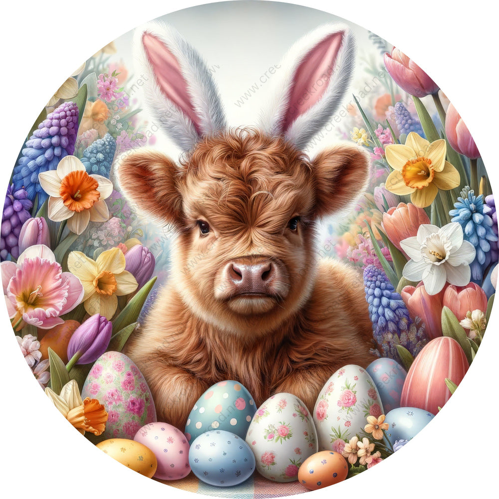 Easter Highland Cow with Bunny Ears Eggs Wreath Sign-Sublimation-Attachment-Decor